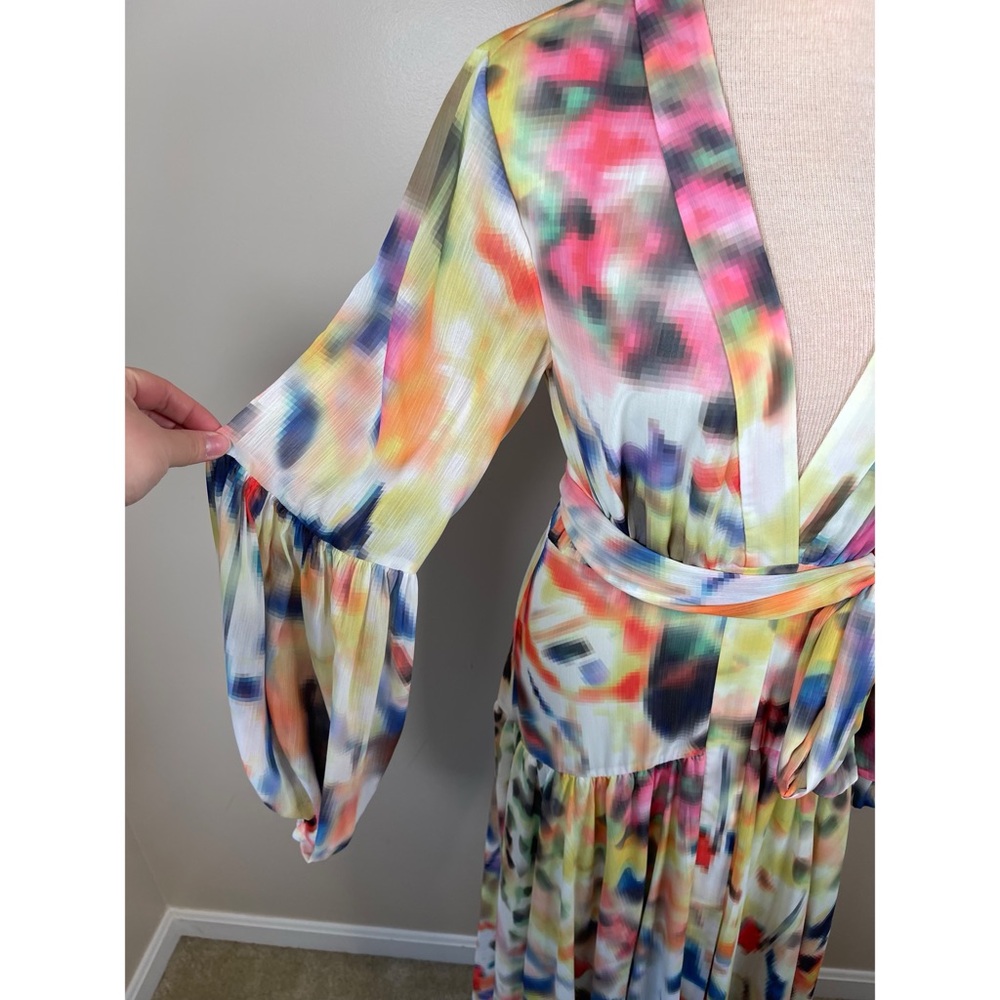 Alexis Becker Iridescent Long Sleeve Belted Plunging V Neckline Maxi Dress Sz S - Picture 7 of 11